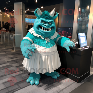 Teal Ogre mascot costume character dressed with a Wedding Dress and Bow ties