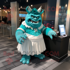 Teal Ogre mascot costume character dressed with a Wedding Dress and Bow ties