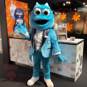 Cyan Fish And Chips mascot costume character dressed with a Blazer and Gloves