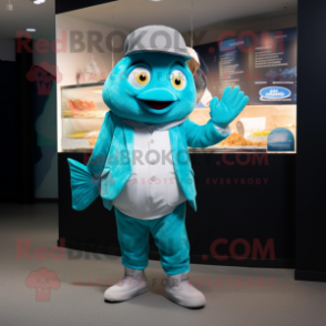 Cyan Fish And Chips mascot costume character dressed with a Blazer and Gloves