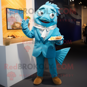 Cyan Fish And Chips mascot costume character dressed with a Blazer and Gloves
