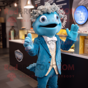 Cyan Fish And Chips mascot costume character dressed with a Blazer and Gloves