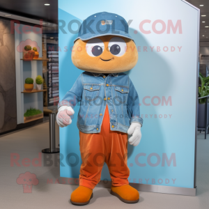 Rust Apricot mascot costume character dressed with a Chambray Shirt and Beanies