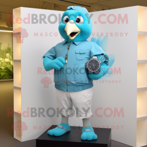 Cyan Dove mascot costume character dressed with a Cargo Shorts and Smartwatches