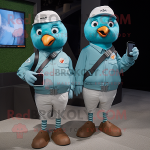 Cyan Dove mascot costume character dressed with a Cargo Shorts and Smartwatches