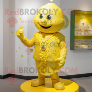 Lemon Yellow Pot Of Gold mascot costume character dressed with a Cardigan and Necklaces