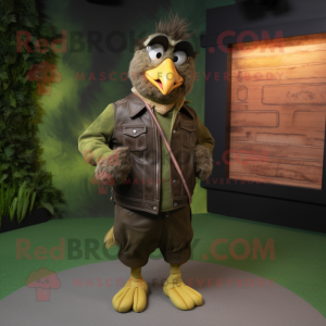 Olive Hens mascot costume character dressed with a Leather Jacket and Suspenders