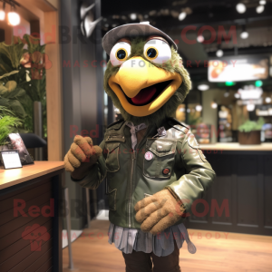 Olive Hens mascot costume character dressed with a Leather Jacket and Suspenders