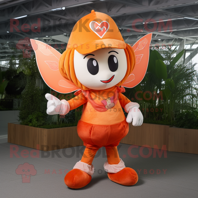 Orange Cupid mascot costume character dressed with a Jeans and Hat pins Orange Cupid mascot costume character dressed with a Jeans and Hat pins