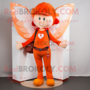 Orange Cupid mascot costume character dressed with a Jeans and Hat pins