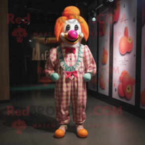 Peach Evil Clown mascot costume character dressed with a Flannel Shirt and Headbands