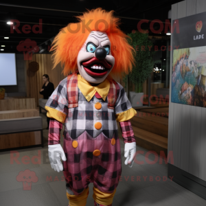 Peach Evil Clown mascot costume character dressed with a Flannel Shirt and Headbands