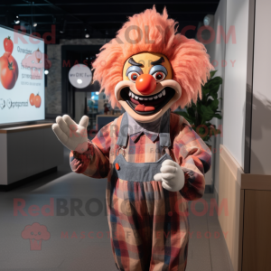 Peach Evil Clown mascot costume character dressed with a Flannel Shirt and Headbands