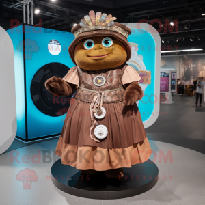 Brown Gyro mascot costume character dressed with a Skirt and Brooches