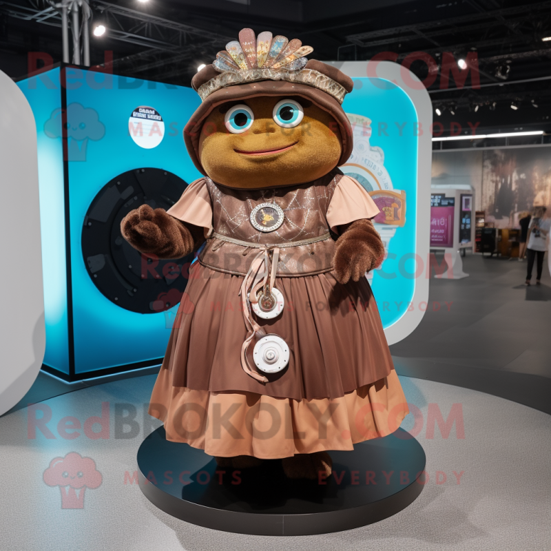Brown Gyro mascot costume character dressed with a Skirt and Brooches Brown Gyro mascot costume character dressed with a Skirt and Brooches