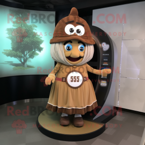 Brown Gyro mascot costume character dressed with a Skirt and Brooches