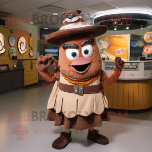 Brown Gyro mascot costume character dressed with a Skirt and Brooches