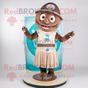 Brown Gyro mascot costume character dressed with a Skirt and Brooches