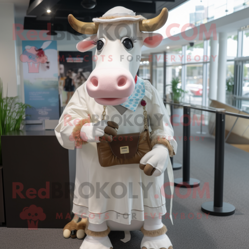 White Guernsey Cow mascot costume character dressed with a Blouse and Clutch bags White Guernsey Cow mascot costume character dressed with a Blouse and Clutch bags
