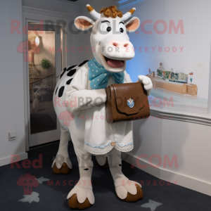 White Guernsey Cow mascot costume character dressed with a Blouse and Clutch bags