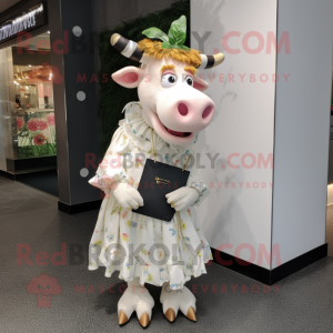 White Guernsey Cow mascot costume character dressed with a Blouse and Clutch bags