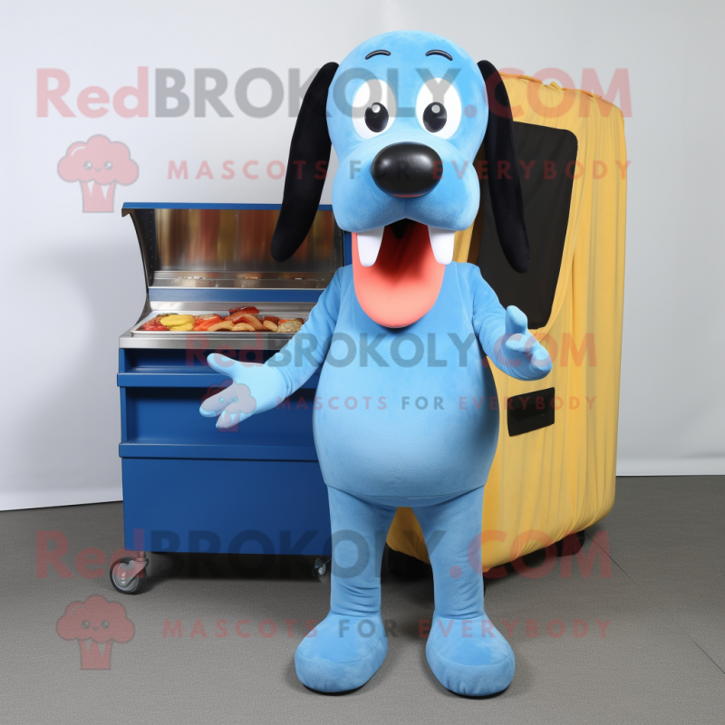 Blue Hot Dogs mascot costume character dressed with a Cargo Shorts and Gloves Blue Hot Dogs mascot costume character dressed with a Cargo Shorts and Gloves