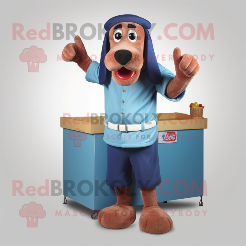 Blue Hot Dogs mascot costume character dressed with a Cargo Shorts and Gloves Blue Hot Dogs mascot costume character dressed with a Cargo Shorts and Gloves