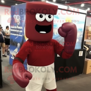 Maroon Boxing Glove mascot costume character dressed with a Jeans and Eyeglasses