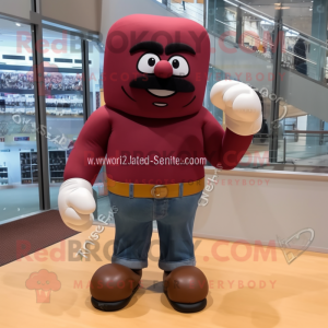 Maroon Boxing Glove mascot costume character dressed with a Jeans and Eyeglasses