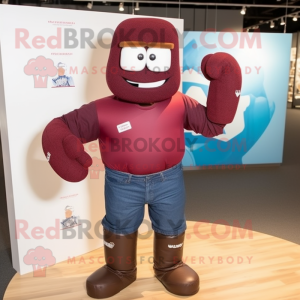 Maroon Boxing Glove mascot costume character dressed with a Jeans and Eyeglasses