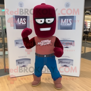 Maroon Boxing Glove mascot costume character dressed with a Jeans and Eyeglasses