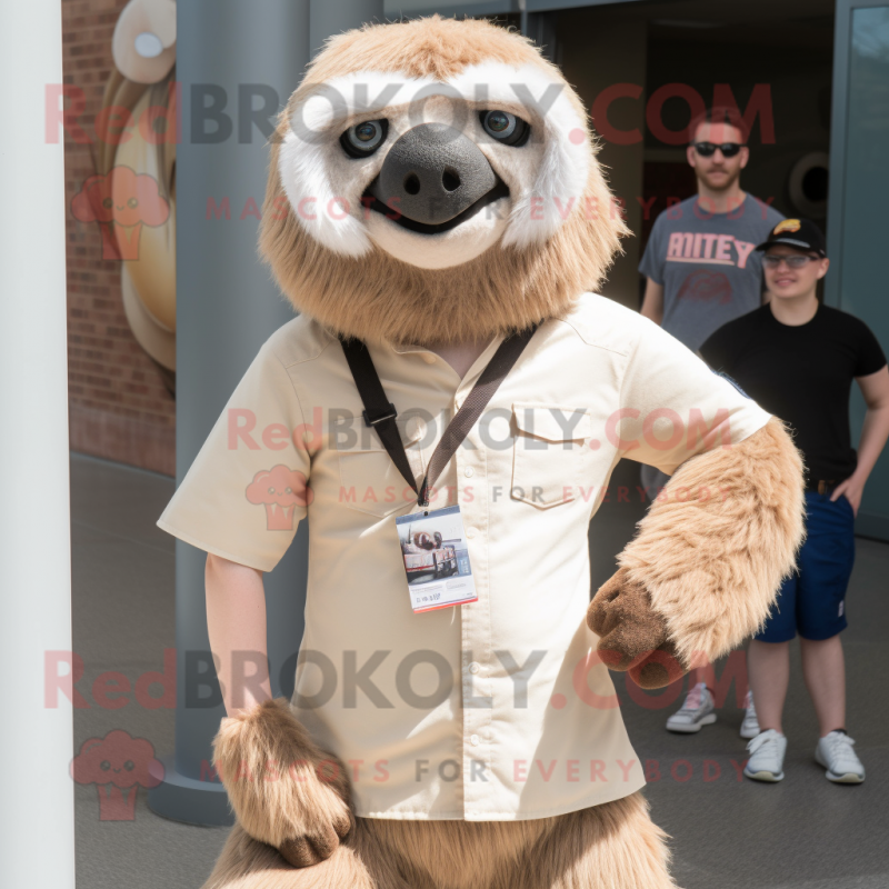 Beige Giant Sloth mascot costume character dressed with a Henley Tee and Ties