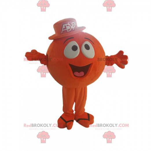 Mascota de personaje redondo naranja, con una amplia sonrisa -