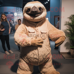 Beige Giant Sloth mascot costume character dressed with a Henley Tee and Ties