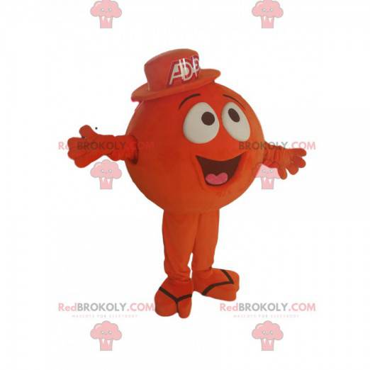 Mascota de personaje redondo naranja, con una amplia sonrisa -