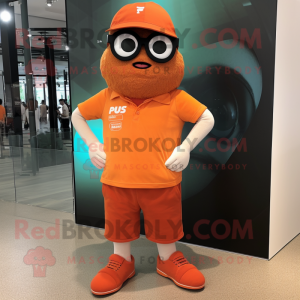 Rust Orange mascot costume character dressed with a Bermuda Shorts and Eyeglasses