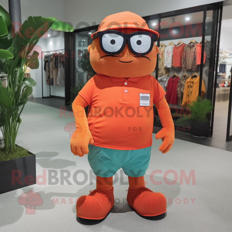 Rust Orange mascot costume character dressed with a Bermuda Shorts and Eyeglasses