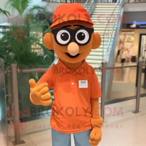 Rust Orange mascot costume character dressed with a Bermuda Shorts and Eyeglasses