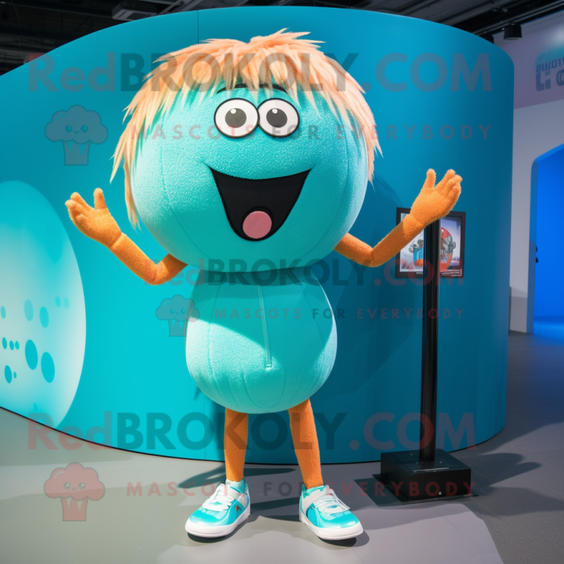 Cyan Basketball Ball mascot costume character dressed with a Bikini and Hairpins Cyan Basketball Ball mascot costume character dressed with a Bikini and Hairpins