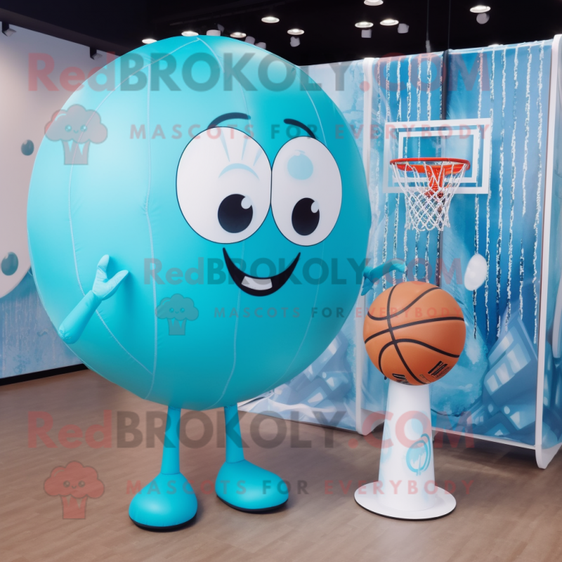Cyan Basketball Ball mascot costume character dressed with a Bikini and Hairpins Cyan Basketball Ball mascot costume character dressed with a Bikini and Hairpins