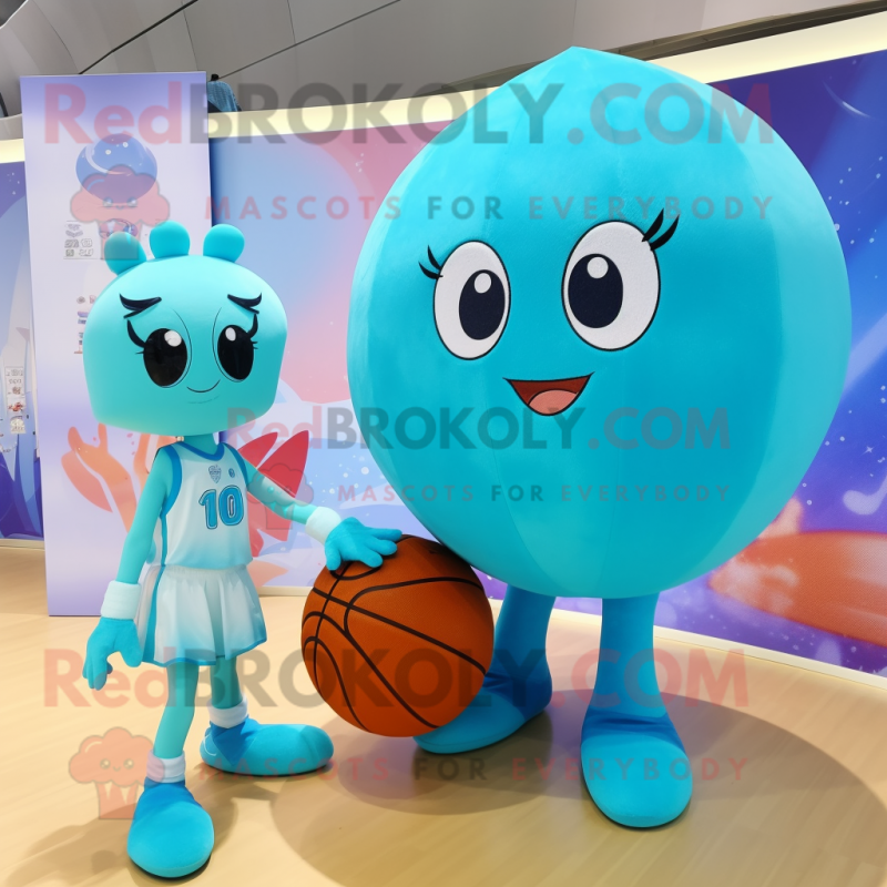 Cyan Basketball Ball mascot costume character dressed with a Bikini and Hairpins Cyan Basketball Ball mascot costume character dressed with a Bikini and Hairpins