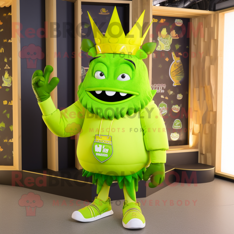 Lime Green King mascot costume character dressed with a Playsuit and Backpacks