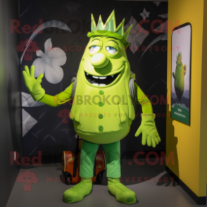 Lime Green King mascot costume character dressed with a Playsuit and Backpacks