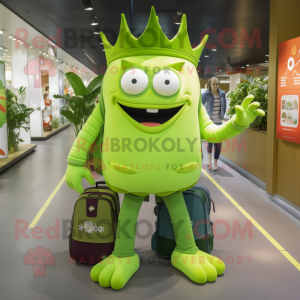 Lime Green King mascot costume character dressed with a Playsuit and Backpacks