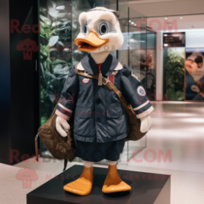 Navy Geese mascot costume character dressed with a Parka and Messenger bags