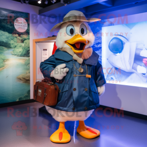 Navy Geese mascot costume character dressed with a Parka and Messenger bags