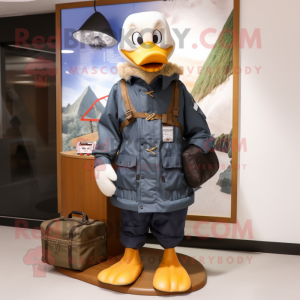 Navy Geese mascot costume character dressed with a Parka and Messenger bags