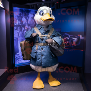 Navy Geese mascot costume character dressed with a Parka and Messenger bags