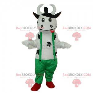 Mascotte mucca bianca amichevole, con tuta verde -