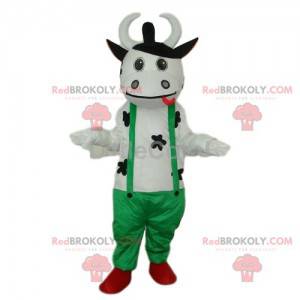 Maskottchenfreundliche weiße Kuh mit grünem Overall -